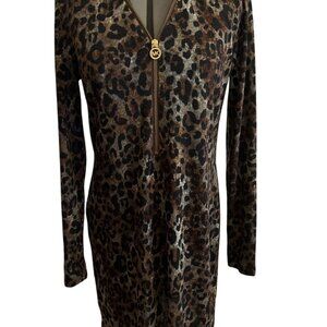 Michael Kors M Leopard Print Long Sleeve V-Neck Mini Dress With Front Zipper